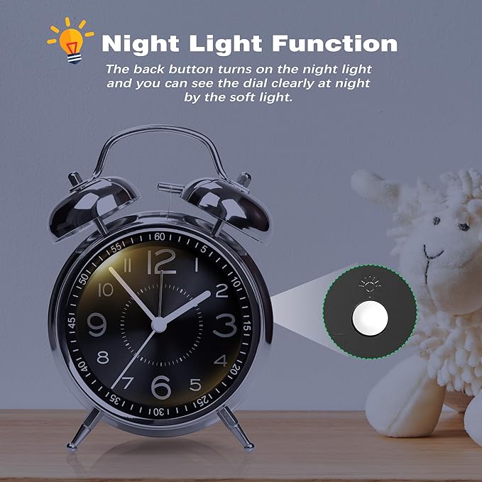 Super Loud Alarm Clock for Heavy Sleepers Adults,Twin Bell Retro 4 Inch Silent Non-Ticking Quartz with Backlight, Metal dial, Alarm Clocks for Bedrooms Bedside (Black)