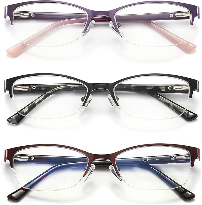3 Pack Reading Glasses for Women Blue Light Blocking, Metal Oval Half Frame Womens Readers Glass with Spring Hinge, Anti Blue Ray Reduce Eye Strain Glare Headache(150 Magnification Strength)