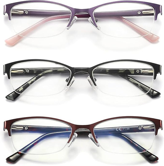 3 Pack Reading Glasses for Women Blue Light Blocking, Metal Oval Half Frame Womens Readers Glass with Spring Hinge, Anti Blue Ray Reduce Eye Strain Glare Headache(150 Magnification Strength)