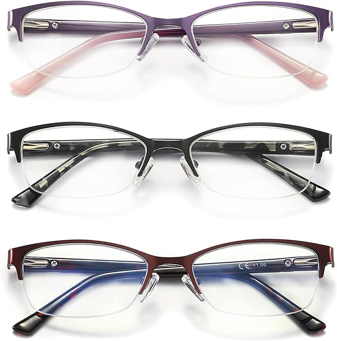 3 Pack Reading Glasses for Women Blue Light Blocking, Metal Oval Half Frame Womens Readers Glass with Spring Hinge, Anti Blue Ray Reduce Eye Strain Glare Headache(250 Magnification Strength)