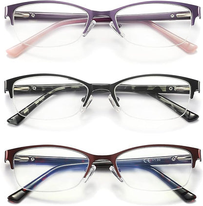 3 Pack Reading Glasses for Women Blue Light Blocking, Metal Oval Half Frame Womens Readers Glass with Spring Hinge, Anti Blue Ray Reduce Eye Strain Glare Headache(250 Magnification Strength)