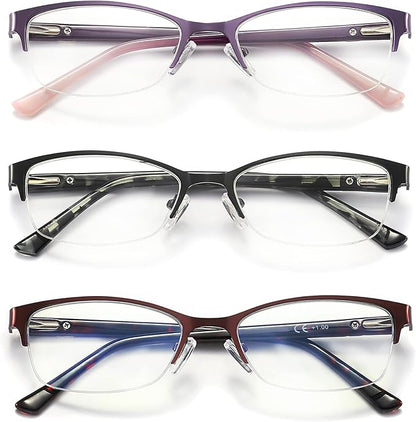 3 Pack Reading Glasses for Women Blue Light Blocking, Metal Oval Half Frame Womens Readers Glass with Spring Hinge, Anti Blue Ray Reduce Eye Strain Glare Headache(100 Magnification Strength)