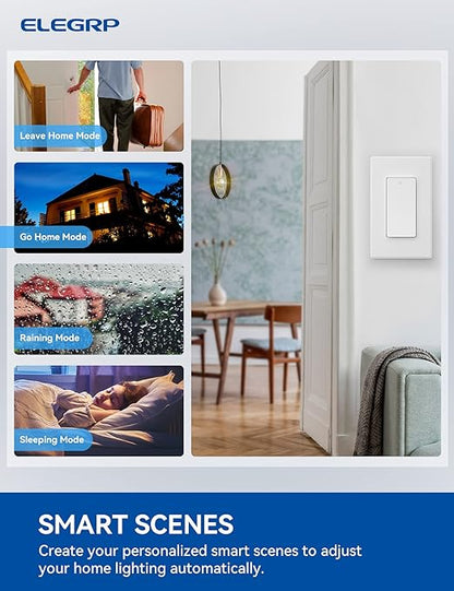 ELEGRP Smart Light Switch, 2.4GHz Wi-Fi Light Switch Compatible with Alexa & Google Assistant, Neutral Wire Required, APP Control and Timer Schedule, UL Certified,Single Pole, White, 6 Pack