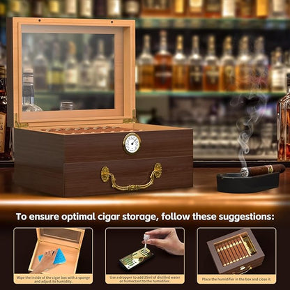 Spanish Cedar Cigar Humidor Box with Accessories and Humidifier - Glass Cover and Storage Drawer - Desktop Cigar Holder for Men - Portable Travel Case - Small Table Top Humidors for 20-50 Cigars