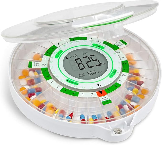 Live Fine 28-Day Automatic Pill Dispenser with Upgraded LCD Display, Key Lock, Sound & Light for Prescriptions, Medication, Vitamins, Supplements & More