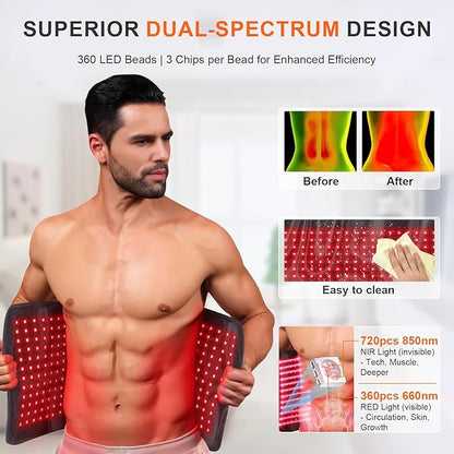 Red Light Therapy Mat for Body, 60W 31.5" x 11.8" 660nm & 850nm 360 LEDs Home Infrared Light Therapy Pad Blanket with Smart Temp & Timer for Back Belly Shoulder Muscle Pain Relief