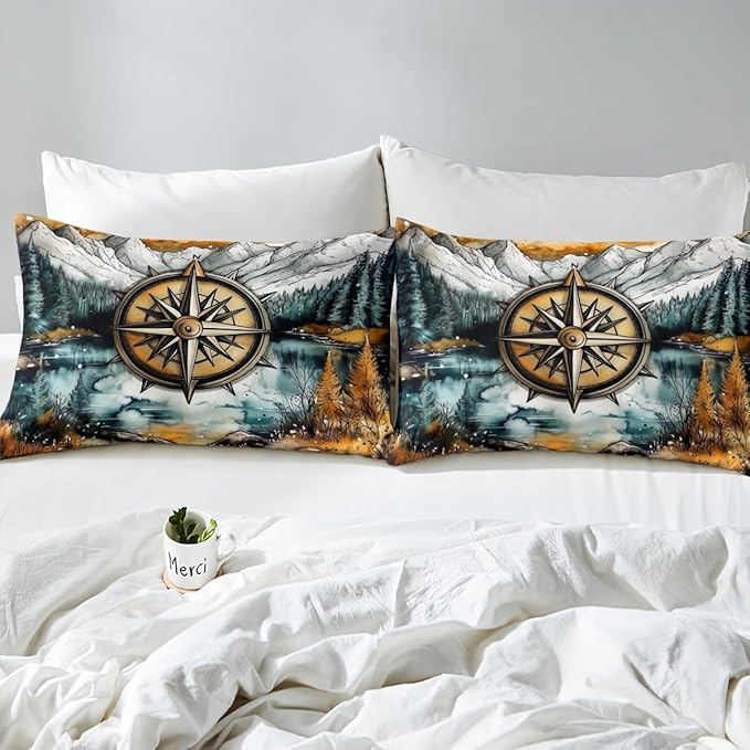 Compass Kids Fitted Sheet Queen Size,Mountain River Natural Scenery Retro Bedding Set,Boys Girls Room Decor,Lake House Fishing Adventure Camping Bed Cover,Green Bed Sheet,2 Pillowcases(No Top Sheet)