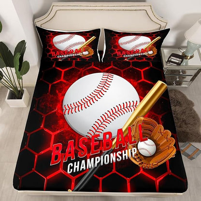 Manfei Baseball Sheet Set King Size, Abstract Geometric Red Honeycomb Bed Sheet Set 4pcs with Deep Pocket Fitted Sheet + Flat Sheet + 2 Pillowcases, Sports Theme Bedding Set for Kids Boys Room Decor