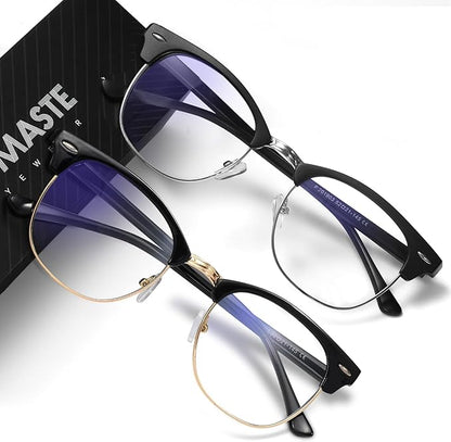 Blue Light Blocking Glasses Vintage Half Frame UV Clear Lens Anti Eyestrain Computer Gaming Glasses for Women Men (E-matte Black Silver+black Gold)