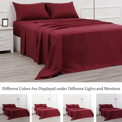 Bed Sheet Set- 3 Piece Bedding Sets(Twin,Burgundy) 1 Flat Sheet,1 Fitted Sheet and 1 Pillow Cases,100% Brushed Microfiber 1800 Luxury Bedding,Hypoallergenic,Soft & Fade Resistant