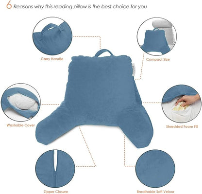 Nestl Reading Pillow with Shredded Memory Foam, Designed for Sitting Up in Bed and Couch, Back and Arms Adjustable Support for Adult & Teens Backrest Pillows for Reading, Washable Cover, Blue Heaven