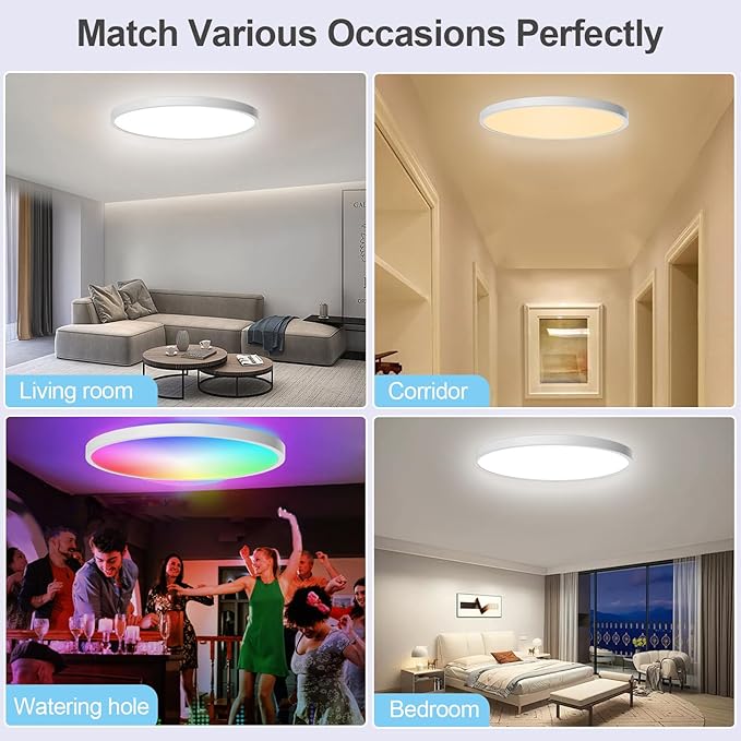 Ceiling Light LED Dimmable Flush Mount RGB Panel Smart Alexa Google Home WiFi with Remote Control for Living Room Bedroom Dinning Kitchen Hallway Bathroom Round 12Inch 24W White