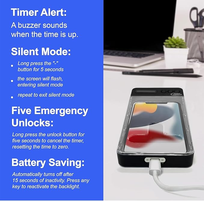 Cell Phone Timed Lock Box, PC ABS Self-Control Case withTimer, Timed Electronic Lock Box, Smart Device Locker for Study, Focus, Productivity