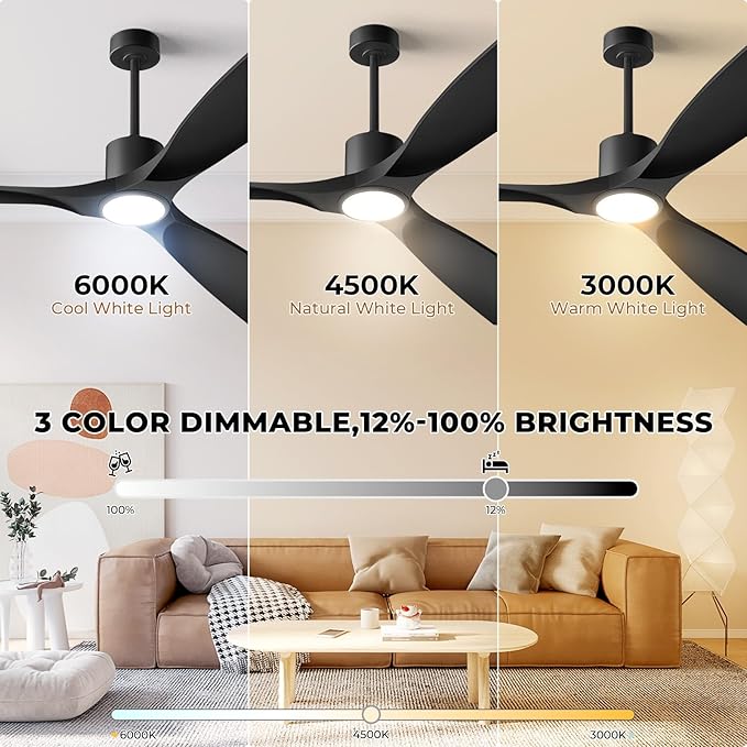 52"Smart Ceiling Fan with Lights,Outdoor Ceiling Fan Work with Alexa/Gg/App/Remote,3-Color Light Dimmable 6-Speed Quiet Reversible for Patio Porch Bedroom,Black