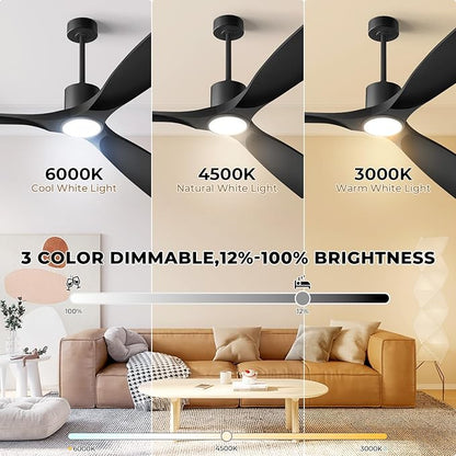 52"Smart Ceiling Fan with Lights,Outdoor Ceiling Fan Work with Alexa/Gg/App/Remote,3-Color Light Dimmable 6-Speed Quiet Reversible for Patio Porch Bedroom,Black