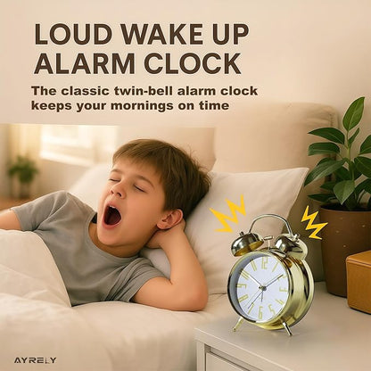Super Loud Alarm Clock for Heavy Sleepers Adults,Twin Bell Retro 4 Inch Silent Non-Ticking Quartz with Backlight, Metal dial, Alarm Clocks for Bedrooms Bedside (Gold-White)
