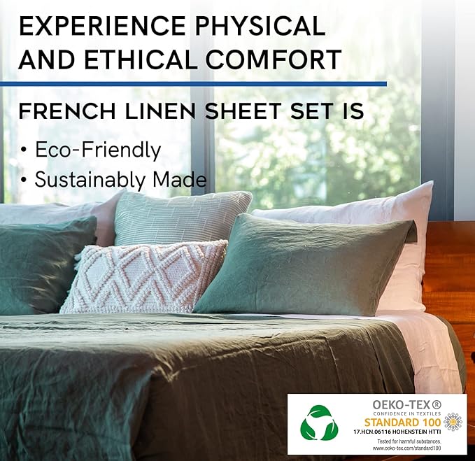 YnM French Linen Sheet Set - Cozy, Skin-Friendly, and Eco-Friendly Pure French Linen Sheets Collection, 4-Piece Set Includes Flat Sheet, Fitted Sheet, and 2 Pillowcases – California King, Army Green
