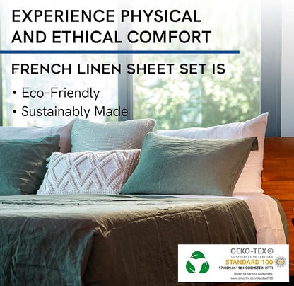 YnM French Linen Sheet Set - Cozy, Skin-Friendly, and Eco-Friendly Pure French Linen Sheets Collection, 4-Piece Set Includes Flat Sheet, Fitted Sheet, and 2 Pillowcases – California King, Army Green