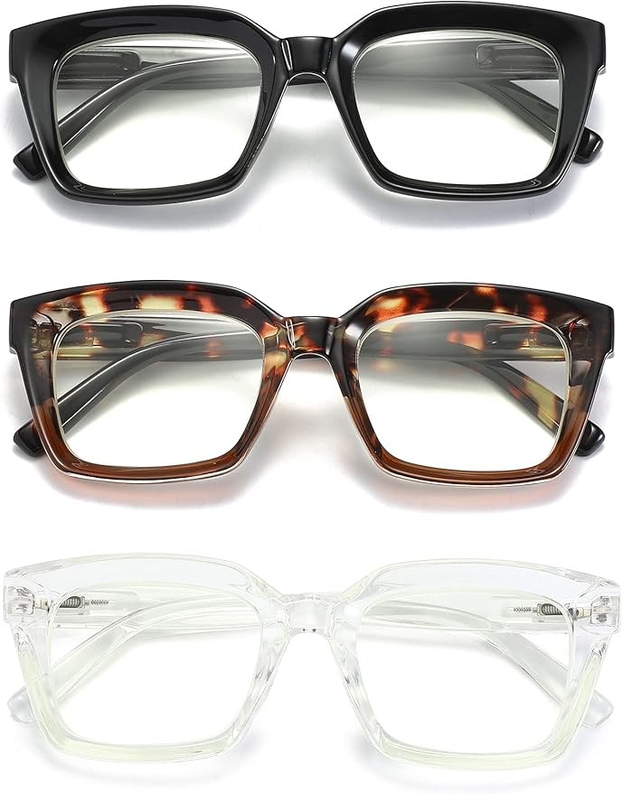 3 Pack Oversize Square Design Reading Glasses for Women, Blue Light Blocking Reader (Black&Leopard&Transparent, 2.75)