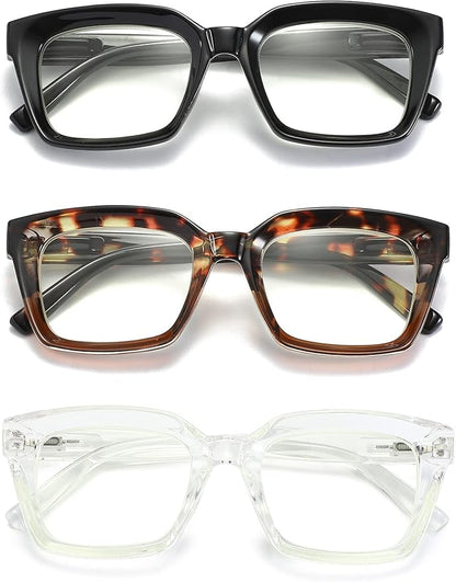 3 Pack Oversize Square Design Reading Glasses for Women, Blue Light Blocking Reader (Black&Leopard&Transparent, 2.75)