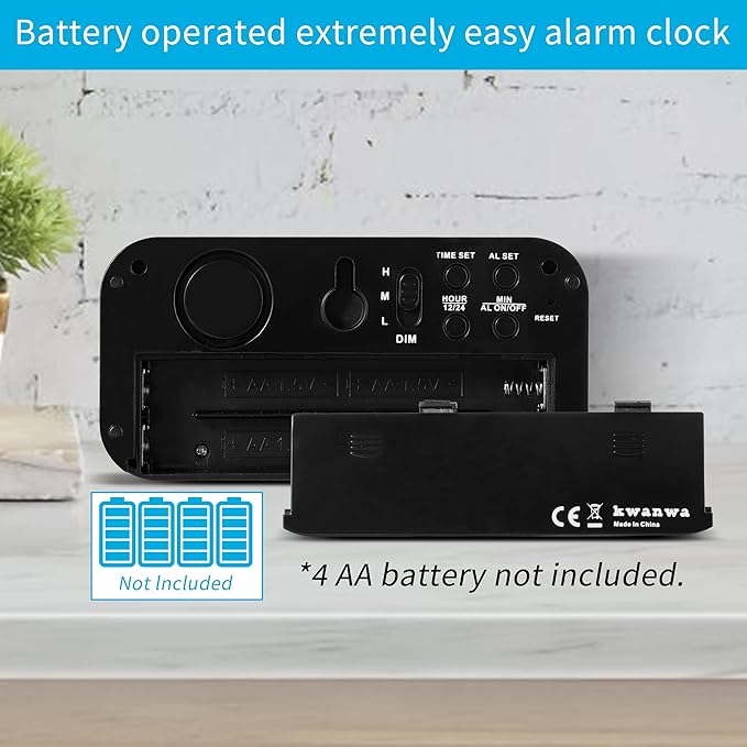 KWANWA Alarm Clock, Digital Clock, Constantly 1.2'' LED Blue Digits Display, Battery Powered, Snooze, Small Wall Clock, Desk Clock, Clock for Bedroom, Alarm Clock for Heavy Sleepers