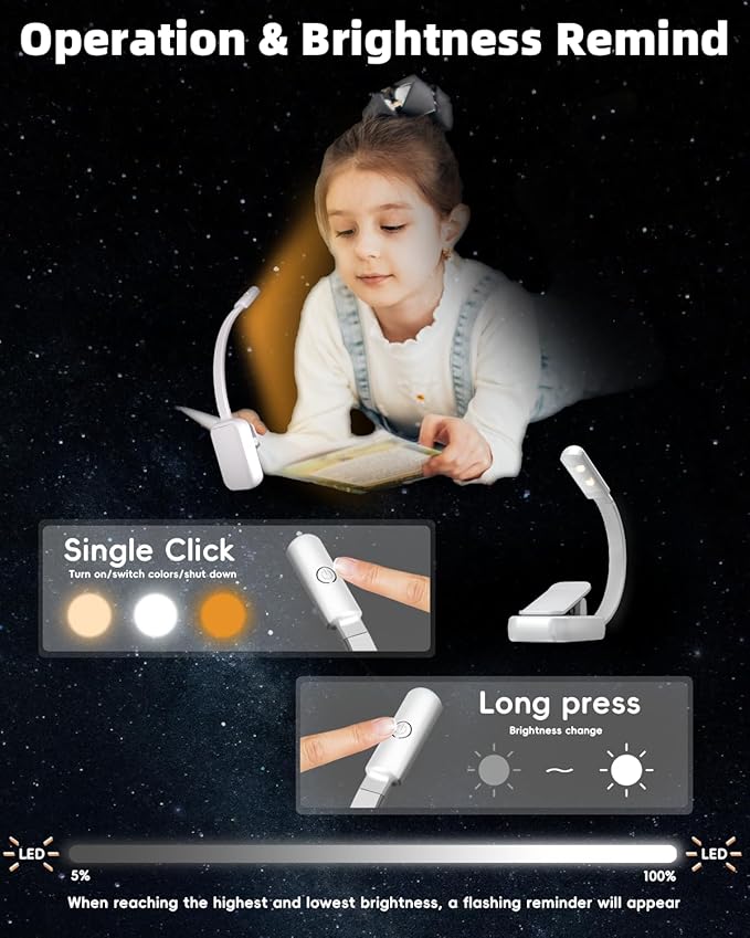 Book Light,Reading Lights for Books in Bed,AAA Battery Clip-On Led Reading Light with 3 Colors & Stepless Dimming,Portable and Ultra-Lightweight with Long Runtime(2P WH)