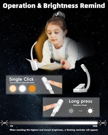 Book Light,Reading Lights for Books in Bed,AAA Battery Clip-On Led Reading Light with 3 Colors & Stepless Dimming,Portable and Ultra-Lightweight with Long Runtime(2P WH)