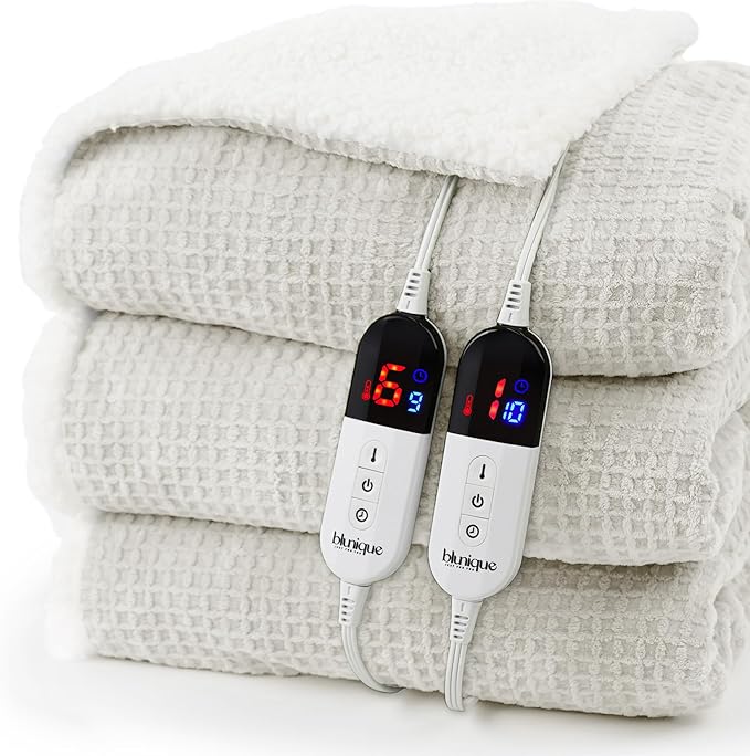 Heated Blanket Electric Blanket Queen Waffle, 84x90 Inches Dual Controllers Sherpa Fleece Fast Heating Blanket 6 Heating Levels & 10 Hours Auto Off ETL Certification,Beige Queen