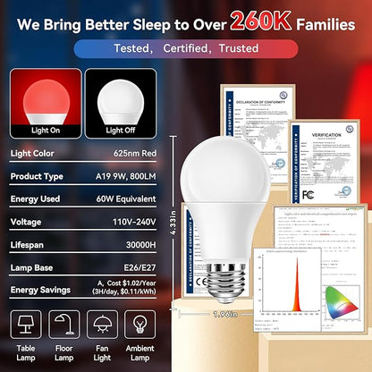 Neporal 625nm Red Light Bulbs for Sleep, 100% Blue Light Blocking Light Bulbs for Melatonin Promoting, A19 LED 9W 60W Equivalent Dim Red Night Light Bulb for Baby Nursery, Sleeping, Reading, 3-Pack