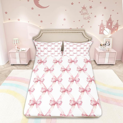 Pink Bowknot Fitted Sheet Queen Size (No Flat Sheet) Dreamy Princess Style Kids Girls Bedding Sheet Set,Watercolor Bow Geometric Grids White Bed Cover Ultra Soft Breathable Bedding 3 Pcs