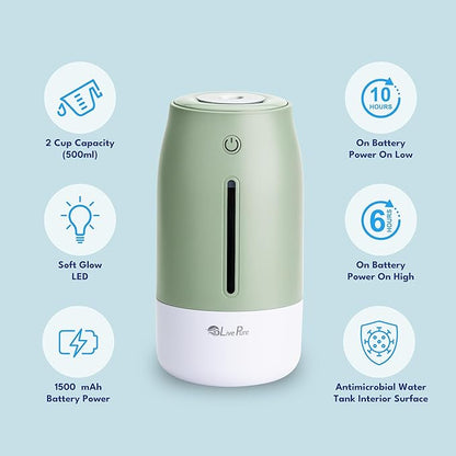 LivePure Cool Mist Humidifiers for Bedroom. Small Humidifier for Babies, Nursery, Plants, Office. Ultrasonic Cool Mist Humidifier w/Quiet Operation, USB-C Rechargeable. Mint Green