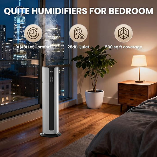 9L Large Humidifier for Bedroom, 28dB Whisper Quiet Cool Mist Humidifiers for Home Office, Top Fill, 500sq.ft Coverage, Smart Humidity Control, Sleep Mode & Timer