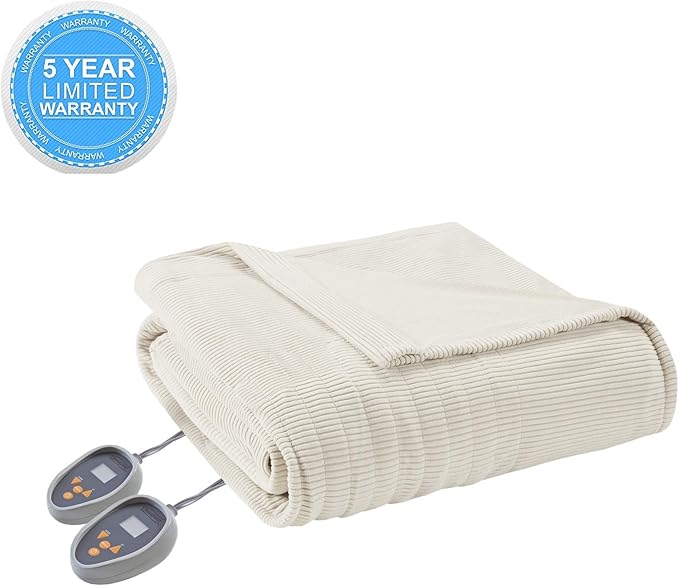 Beautyrest Electric Blanket Luxurious Micro Fleece Ultra Soft Ribbed Textured, Cozy and Snuggly Cover for Cold Weather, Fast Heating, Auto Shut Off, 20 Level Heat Setting Controller, Twin, Ivory