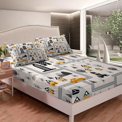 City Road Fitted Sheet Queen 2 Pcs,Cartoon House Trees Mountain Soft Microfiber Sheets Breathable Bedding(No Top Sheet),Boys Girly Grey City Construction Bedsheet with Deep Pocket