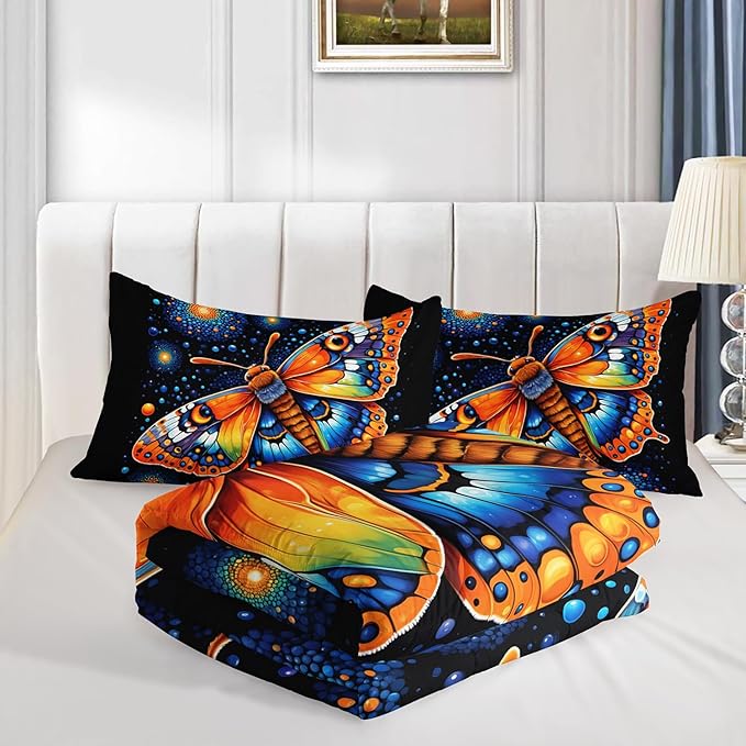 Gothic Butterfly Bedding Set Queen Size,Colorful Granular Ball Printed Bedding Comforter Sets,Insect Themed Comforter Set for Kids Girls Boys,Aesthetic Bedding Sets with 2 Pillowcases.