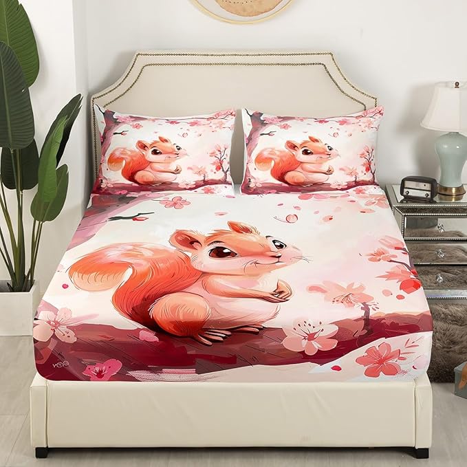Lovely Squirrel Kids Fitted Sheet Full Size,Japanese Ukiyo-e Cherry Blossom Bedding Set,Girls Women Room Decor,Cartoon Jungle Animal Rustic Bed Cover,Brown Pink Bed Sheet,2 Pillowcases