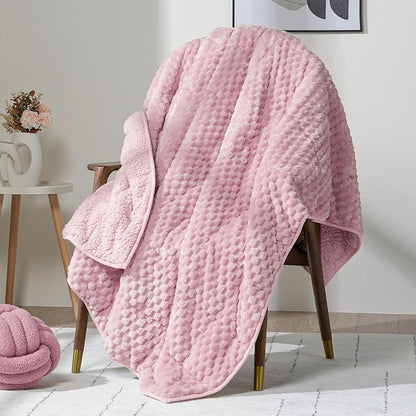 Wemore Fleece Weighted Blanket for Adults (48" x 72" 12lbs, Pink), Dual Sided Cozy Soft Sherpa Heavy Blanket, 3D Imitation Turtle Shell Warm Jacquard Flannel Weighted Blankets for Couch and Bed