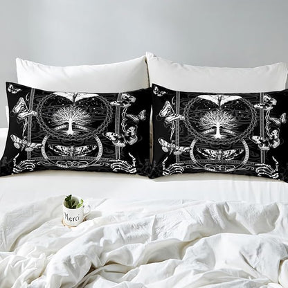 Manfei Gothic Moth Kids Sheet Set Twin Size, Human Skeleton Skull Bed Sheet Set 3pcs (Fitted Sheet, Flat Sheet, 1 Pillowcase), Death Moth Butterfly Bedding Set for Boys Teens Bedroom Decor