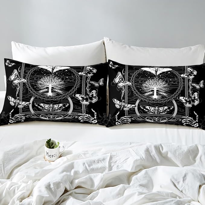 Manfei Gothic Moth Kids Sheet Set Queen Size, Human Skeleton Skull Bed Sheet Set 4pcs (Fitted Sheet, Flat Sheet, 2 Pillowcases), Death Moth Butterfly Bedding Set for Boys Teens Bedroom Decor