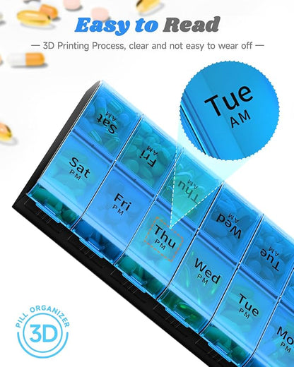 Extra Large Pill Organizer 2 Times a Day, Weekly XL AM PM Pill Case, 7 Day Pill Box Twice a Day, Oversized Daily Medicine Organizer for Vitamins (Blue)