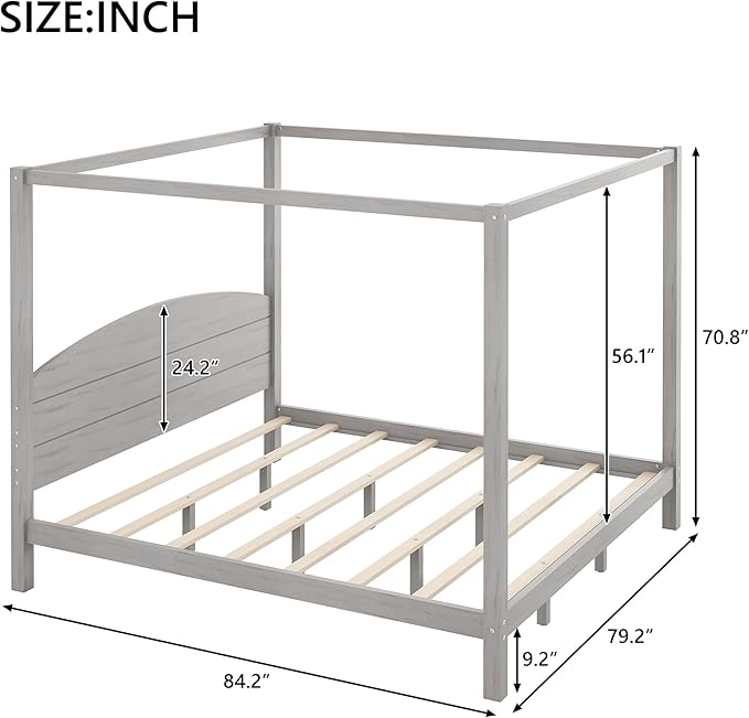 LUMISOL Canopy Bed Frame King Size, Solid Wood Four Posters Bed Frame with Headboard & Slat Support Legs, No Box Spring Needed, Grey Wash