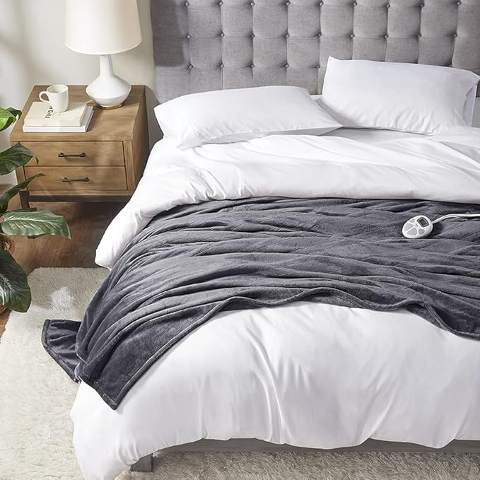 Serta Luxuriously Soft Plush Electric Blanket Fast Heating Cozy Cover, Safety Auto Shut Off Timer, Low EMF, Multi Heat Setting, ETL Certified, Machine Washable, Grey Twin (84 in x 62 in)