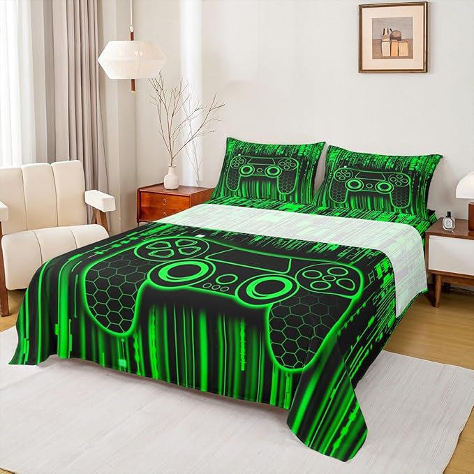 Gamer Gamepad Kids Sheet King Size,Videogaming Controller Fashion Bedding Set,Boys Girls Room Decor,Modern Geometric Honeycomb Hexagon Green Neon Bed Sheet Set 4pcs(Fitted + Flat + 2 Pillowcases)