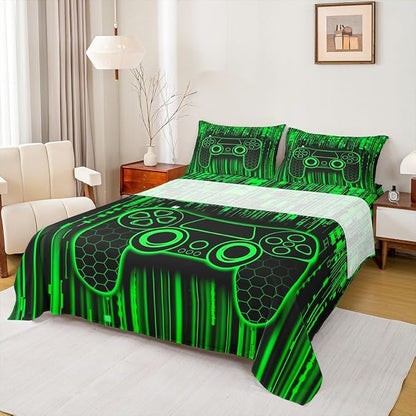 Gamer Gamepad Kids Sheet King Size,Videogaming Controller Fashion Bedding Set,Boys Girls Room Decor,Modern Geometric Honeycomb Hexagon Green Neon Bed Sheet Set 4pcs(Fitted + Flat + 2 Pillowcases)