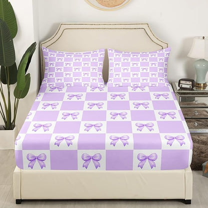 Princess Bowknot Fitted Sheet Queen Size Dreamy Purple Bow-tie Girly Bow Bedding Sheet Set,Geometric Grids Plaids Patchwork Purple White Bed Cover Ultra Soft Breathable Bedding 3 Pcs