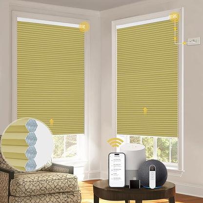 CINONEKO Custom Size(21-69"W x 22-93"H) Motorized Cellular Shades,No Drill Smart Honeycomb Blinds【Free Solar Powered】Automatic Blinds for Indoor Windows Cordless Electric Shades Compatible with Alexa