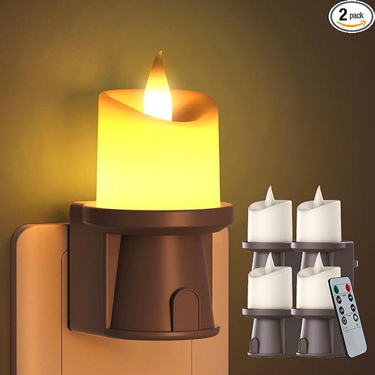 2-in-1 Plug in Night Light (4 Pack) - Dual Mode: Dusk to Dawn Sensor OR Remote Timer - Dimmable Electric Candle Wall Sconce for Farmhouse Decor (Bronze)