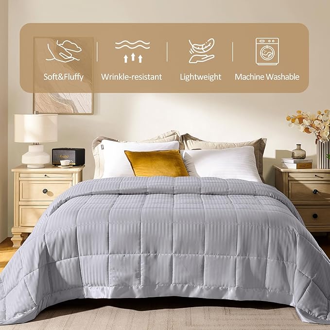 downluxe Queen Size Blanket with Satin Trim, Lightweight Down Alternative Blankets Queen Size for All Season, Machine Washable (Silver, 90x90 Inch)