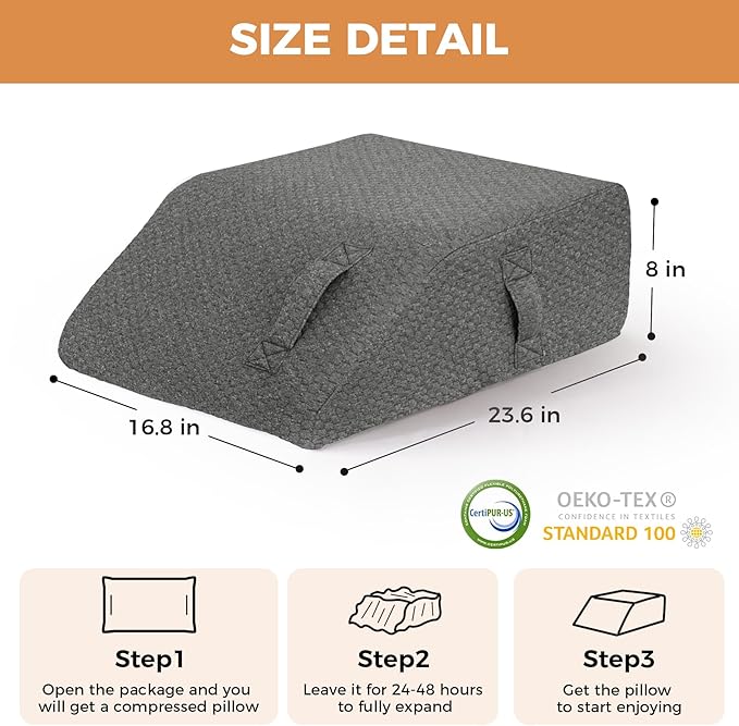 Leg Pillow Elevation Blood Circulation, Leg Elevating Pillows for After Surgery, Sleeping, Memory Foam Wedge Pillow for Legs Swelling, Foot Knee Pillow for Back Pain, 23.6×16.8×8in, Dark Grey