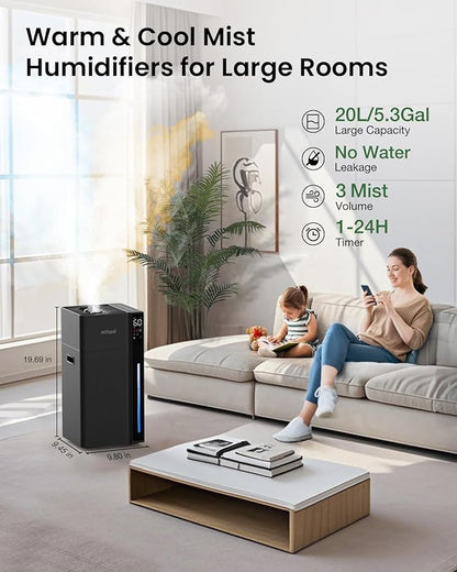 Mifasol Warm and Cool Mist Humidifier Large Room, 5.3Gal/20L Humidifiers for Home 1500 sq ft, Air Humidifiers for Bedroom, Large Room Humidifier for Baby Nursery Plants Office Whole House, Black